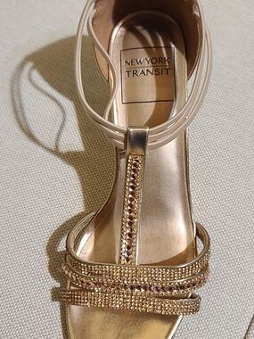New York Transit Women's Gold Rhinestone T-Strap Heels
